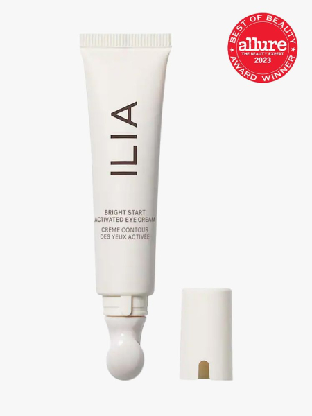 Ilia Bright Start Activated Eye Cream in branded component with 2023 best of beauty seal i the top right corner on a light gray background