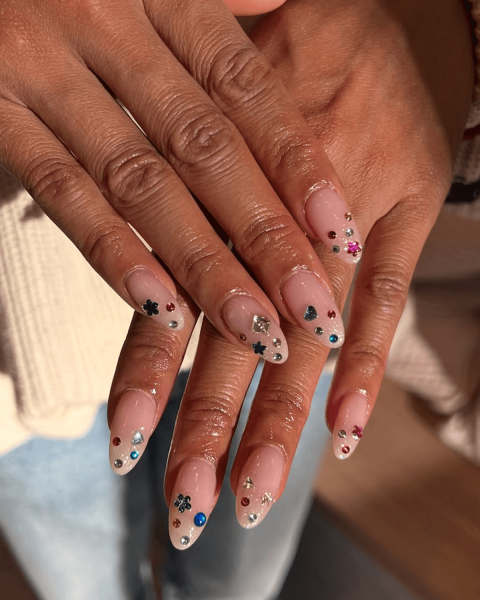 spring 2026 trend rainbow rhinestone gem nails
